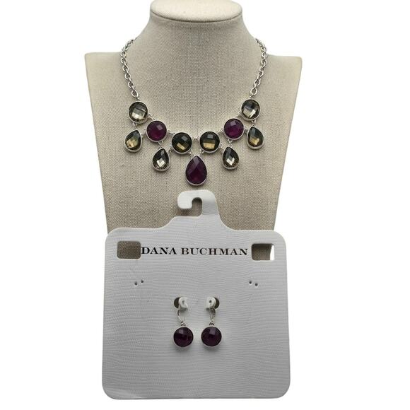 Dana Buchman Necklace & Earrings Set Faceted Plum & Smoky Glass Gems - Picture 1 of 7